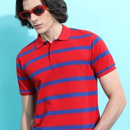 HIGHLANDER Red & Blue Striped Polo Collar Slim Fit Casual T-Shirt-picture-9