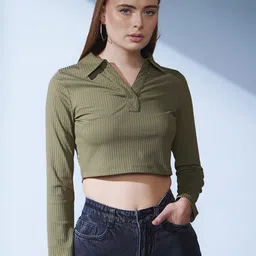 STREET 9 Olive Green Polo Collar Ribbed Slim Fit Crop T-shirt-image-56