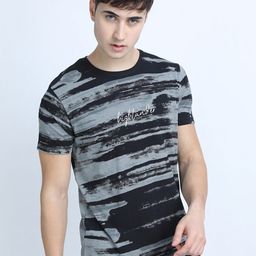 HIGHLANDER Men Black & Grey Printed Slim Fit Cotton T-shirt-image-43