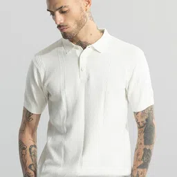 Snitch White Self Design Polo Collar Short Sleeves Cotton Slim Fit T-shirt-image-19