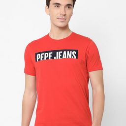 Pepe Jeans Men Red & Black Brand Logo Printed Slim Fit Pure Cotton T-shirt-picture-4