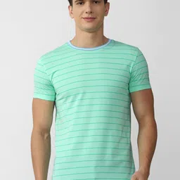Peter England Casuals Men Green Striped Slim Fit T-shirt-image-78