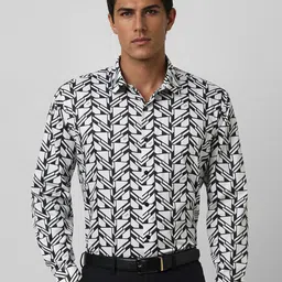 V Dot Men Speread Collar Geometric Printed Cotton Slim Fit Formal Shirt-image-40