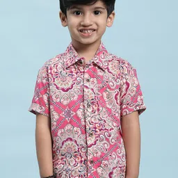 Stuffie Land Boys Pink Smart Floral Opaque Printed Party Shirt-image-98