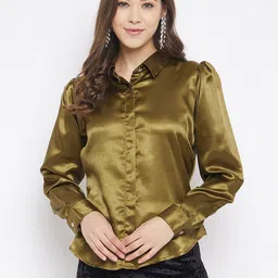 Bitterlime Women Olive Green Comfort Semiformal Satin Shirt-image-15