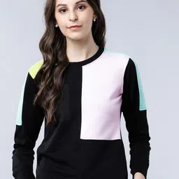 Tokyo Talkies Women Black & Pink Colourblocked Sweatshirt-image-83