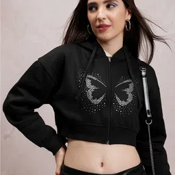 Tokyo Talkies Black Embellished Hooded Relaxed Fit Pullover Crop Sweatshirt-image-29