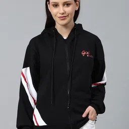 Campus Sutra Women Black & White Colourblocked Hooded Sweatshirt-picture-28