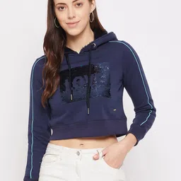 Duke Women Blue Sequin Embellished Crop Cotton Hooded Sweatshirt-picture-23
