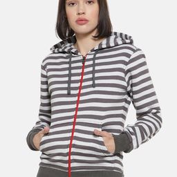 Campus Sutra Women White & Grey Striped Hooded Sweatshirt-picture-31