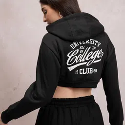 Tokyo Talkies Black Typography Printed Hooded Crop Sweatshirt-image-69