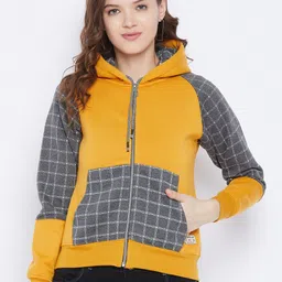 FirstKrush Women Mustard Yellow & Grey Checked Hooded Sweatshirt-picture-29