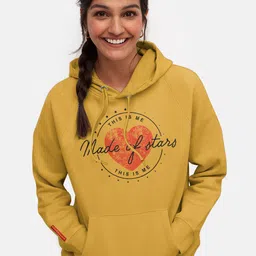 BonOrganik Women Mustard Printed Hooded Sweatshirt-image-87