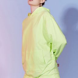 Dressberry Basics Fluorescent Green Cotton Hooded Pullover Sweatshirt-image-90