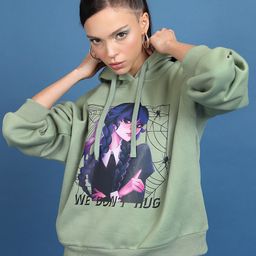 Tokyo Talkies Green Graphic Printed Hooded Pullover Oversized Sweatshirt-image-49