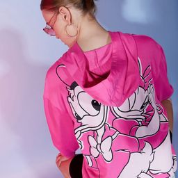 Disney by DressBerry Pink & Black Donald Duck Printed Hooded Cotton Pullover Sweatshirt-image-46