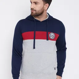 Austin wood Men Grey & Navy Blue Colourblocked Hooded Sweatshirt-image-101