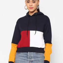 Popster Women Navy Blue Colourblocked Hooded Sweatshirt-image-99