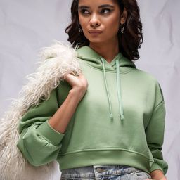 Tokyo Talkies Green Hooded Relaxed Fit Crop sweatshirt-image-55