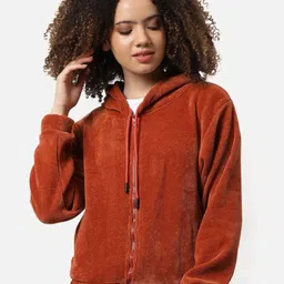 Campus Sutra Orange Hooded Long Sleeve Cotton Front-Open Sweatshirt-image-85