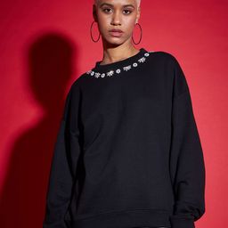 SASSAFRAS Black Floral Embellished Round Neck Cotton Pullover Sweatshirt-image-53