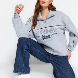 Trendyol Typography Printed Mock Collar Pullover Sweatshirt-14