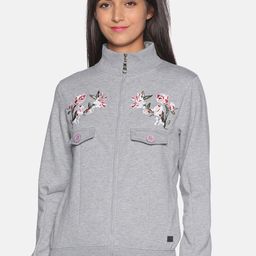 Campus Sutra Women Grey & Red Embroidered Front-Open Sweatshirt-image-86