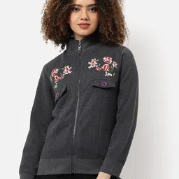 Campus Sutra Grey Floral Embroidered Cotton Front-Open Sweatshirt-image-70