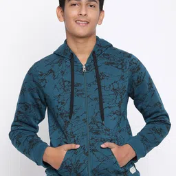 Lil Tomatoes Boys Teal Blue Printed Hooded Sweatshirt-image-90