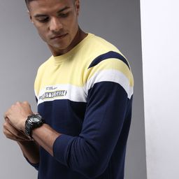 SHOWOFF Men Navy Blue & Yellow Cotton Colourblocked Sweatshirt-image-57
