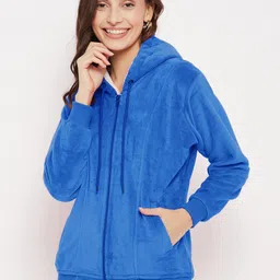 Uptownie Lite Blue Hooded Velvet Front Open Sweatshirt-image-7