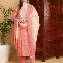 AHIKA Peach Coloured Bandhani Printed Regular Thread Work Kurta With Trousers & Dupatta image 1