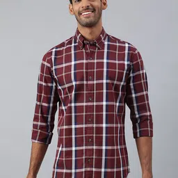 MR BUTTON Men Maroon Slim Fit Tartan Checks Checked Cotton Casual Shirt-image-63