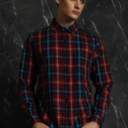 Breakbounce Navy Blue Tartan Checked Cotton Casual Shirt-image-87