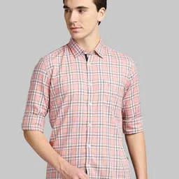 Parx Men Peach-Coloured & Black Slim Fit Checked Cotton Casual Shirt-picture-12