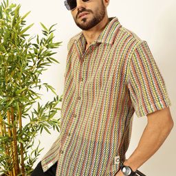 Thomas Scott Premium Vertical Stripes Self Design Short Sleeves Crochet Casual Shirt-image-45
