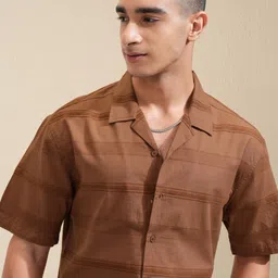 HIGHLANDER Men Cuban Collar Horizontal Stripes Self Design Cotton Relaxed Fit Casual Shirt-image-10