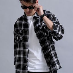 SILISOUL Relaxed Oversized Tartan Checked Flannel Weave Casual Shirt-image-27