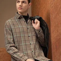 Locomotive Premium Men Khaki Relaxed Fit Dobby Textured Checked Shirt-image-45