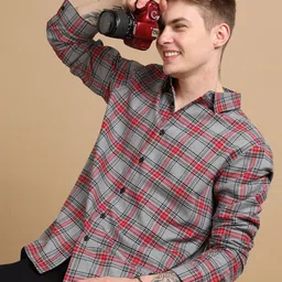 StitchX Men Comfort Spread Collar Tartan Checked Cotton Casual Shirt-image-42