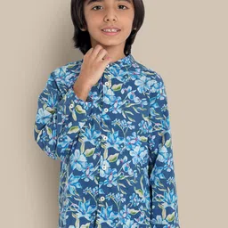 The Tribe Kids Boys Floral Printed Band Collar Opaque Cotton Casual Shirt-image-33