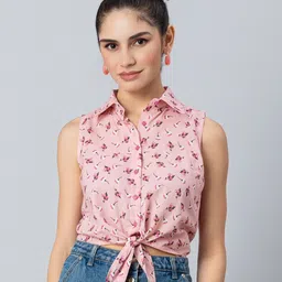 Moomaya Floral Printed Shirt Collar Tie-Ups Cotton Shirt Style Crop Top-38