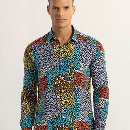 Snitch Blue Classic Slim Fit Animal Printed Casual Shirt-image-45