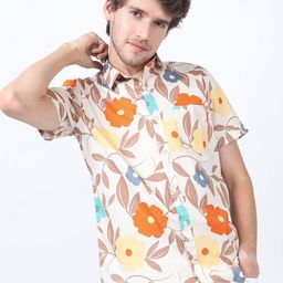 KETCH Men Beige Slim Fit Floral Printed Cotton Casual Shirt-image-4