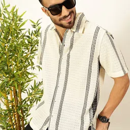Thomas Scott Premium Vertical Stripes Self Design Short Sleeves Crochet Casual Shirt-image-41