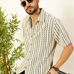 Thomas Scott Premium Geometric Self Design Short Sleeves Crochet Casual Shirt-image-76