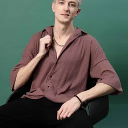 Rigo Comfort Textured Self Design Cuban Collar Cotton Oversized Casual Shirt-image-96