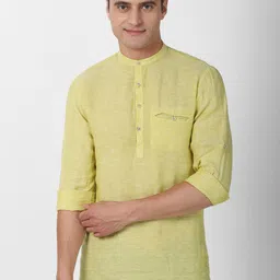Peter England Casuals Men Yellow Solid Slim Fit Kurta Style Shirt-image-52