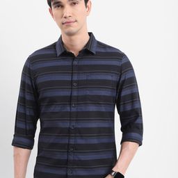 HIGHLANDER Black & Blue Horizontal Stripes Slim Fit Casual Shirt-image-21