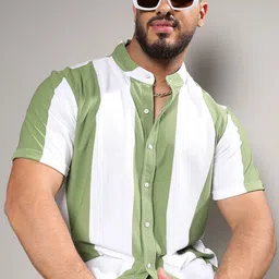 Instafab Plus Size Classic Vertical Stripes Band Collar Cotton Casual Shirt-image-92